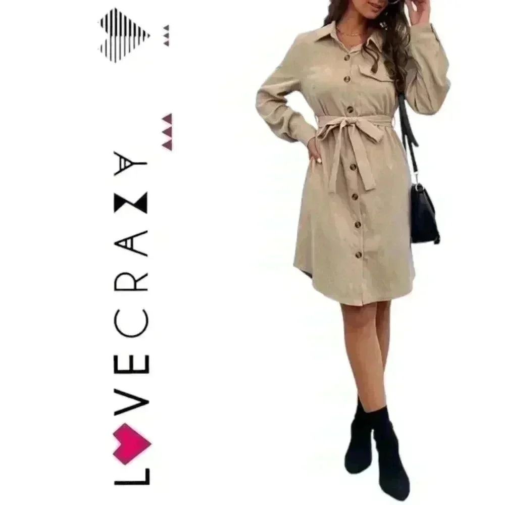 Love Crazy Corduroy Button Down Belted Long Sleeve Dress Tan Size M Winter Fall - Picture 11 of 11